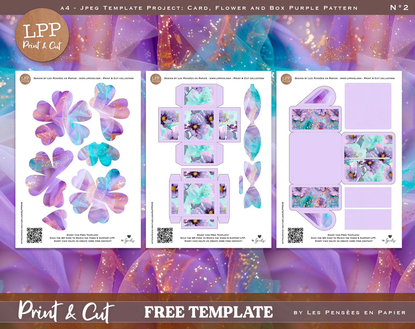FREE - Print&Cut - CARD, FLOWER and BOX - Purple Pattern