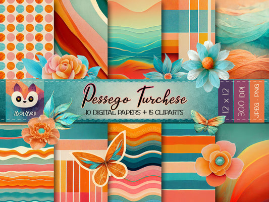 Digital KIT - Clipart PNG + Digital Paper - Pessego Turchese