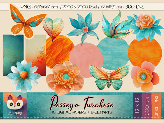 Digital KIT - Clipart PNG + Digital Paper - Pessego Turchese