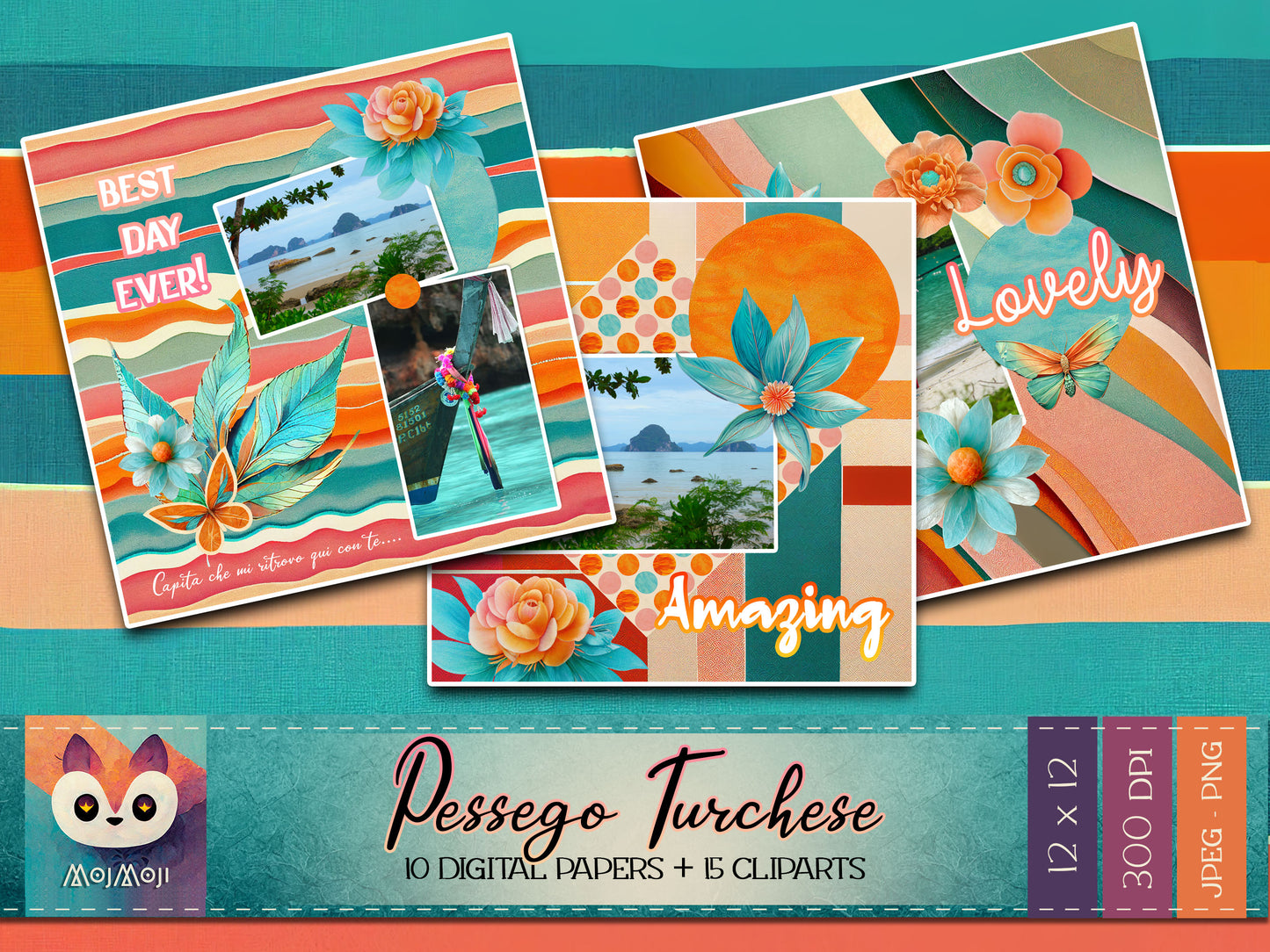 Digital KIT - Clipart PNG + Digital Paper - Pessego Turchese
