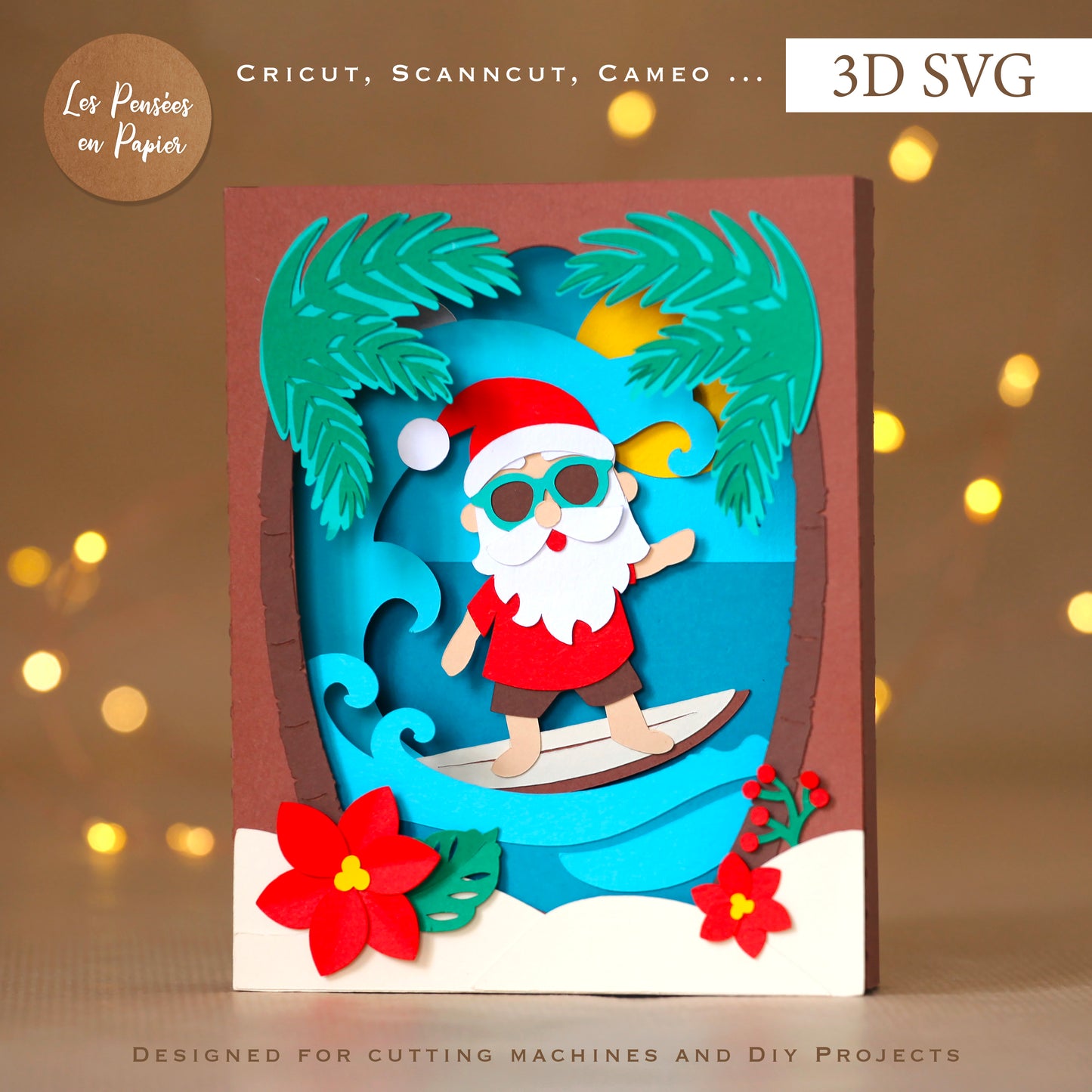 3D SVG Surfing Santa Card | Christmas Photo Frame Card Template for Cricut, ScanNCut & Silhouette