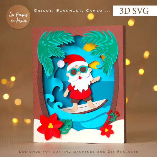 3D SVG Surfing Santa Card | Christmas Photo Frame Card Template for Cricut, ScanNCut & Silhouette