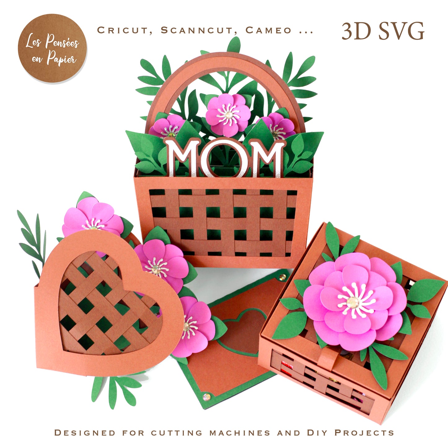 3D SVG Flower Basket Set | Mother’s Day Gift Card Template for Cricut, ScanNCut & Silhouette