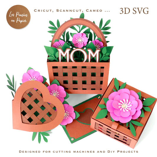 3D SVG Flower Basket Set | Mother’s Day Gift Card Template for Cricut, ScanNCut & Silhouette