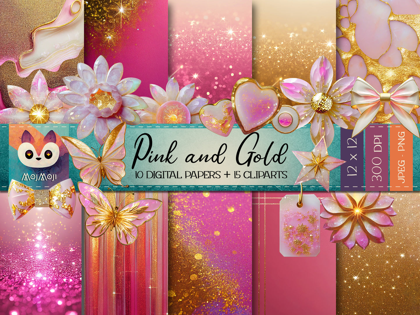 Digital KIT - Clipart PNG + Digital Paper - Pink & Gold