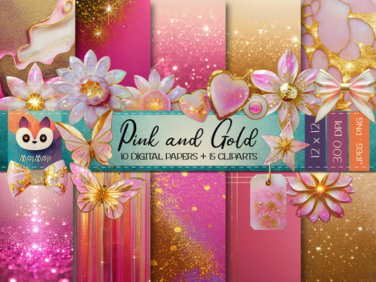 Digital KIT - Clipart PNG + Digital Paper - Pink & Gold