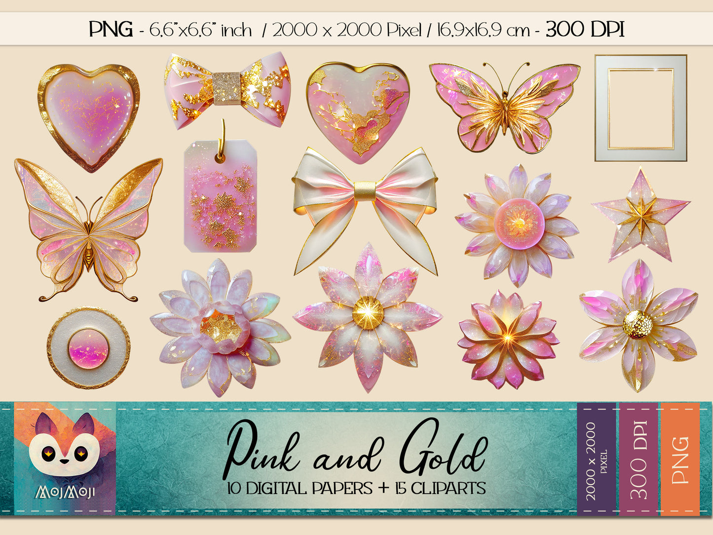 Digital KIT - Clipart PNG + Digital Paper - Pink & Gold
