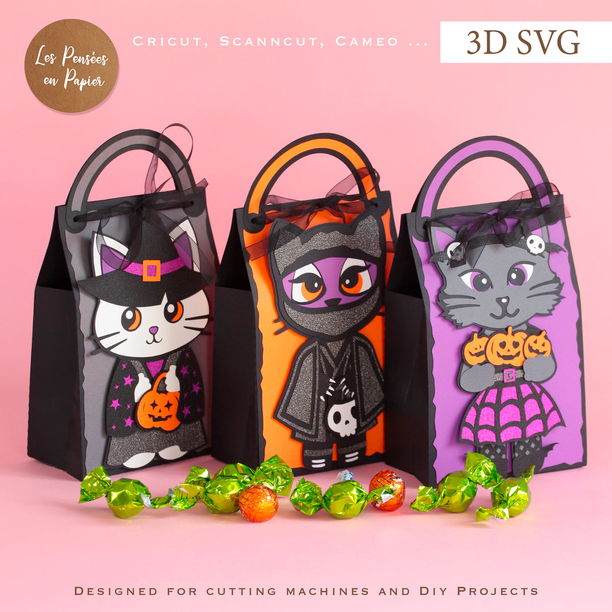 Cats Candy Bag 3D SVG | Halloween Treat Bag Cutting Machine Template for Cricut, ScanNCut & Silhouette