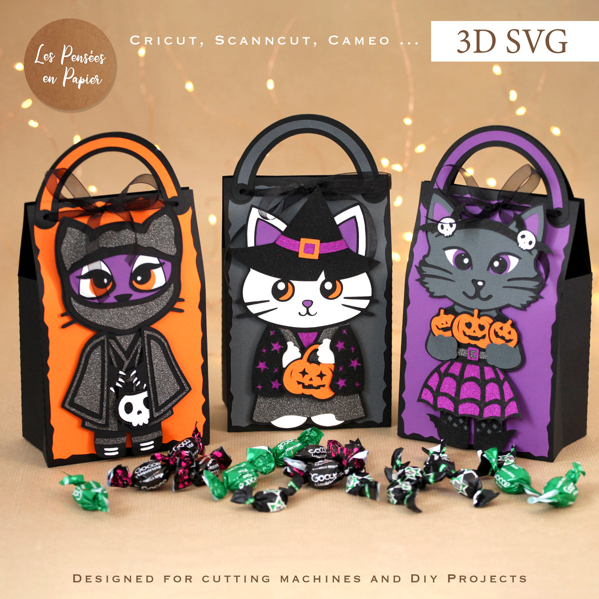 Cats Candy Bag 3D SVG | Halloween Treat Bag Cutting Machine Template for Cricut, ScanNCut & Silhouette
