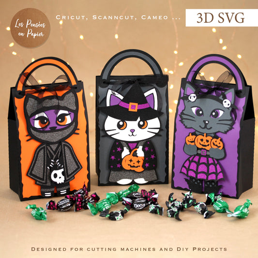 Cats Candy Bag 3D SVG | Halloween Treat Bag Cutting Machine Template for Cricut, ScanNCut & Silhouette
