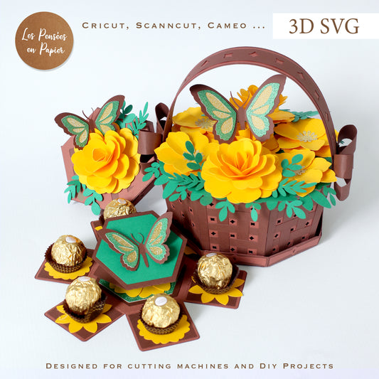 3D SVG Flower Basket 4 | Paper Craft Template for Cricut, ScanNCut & Silhouette