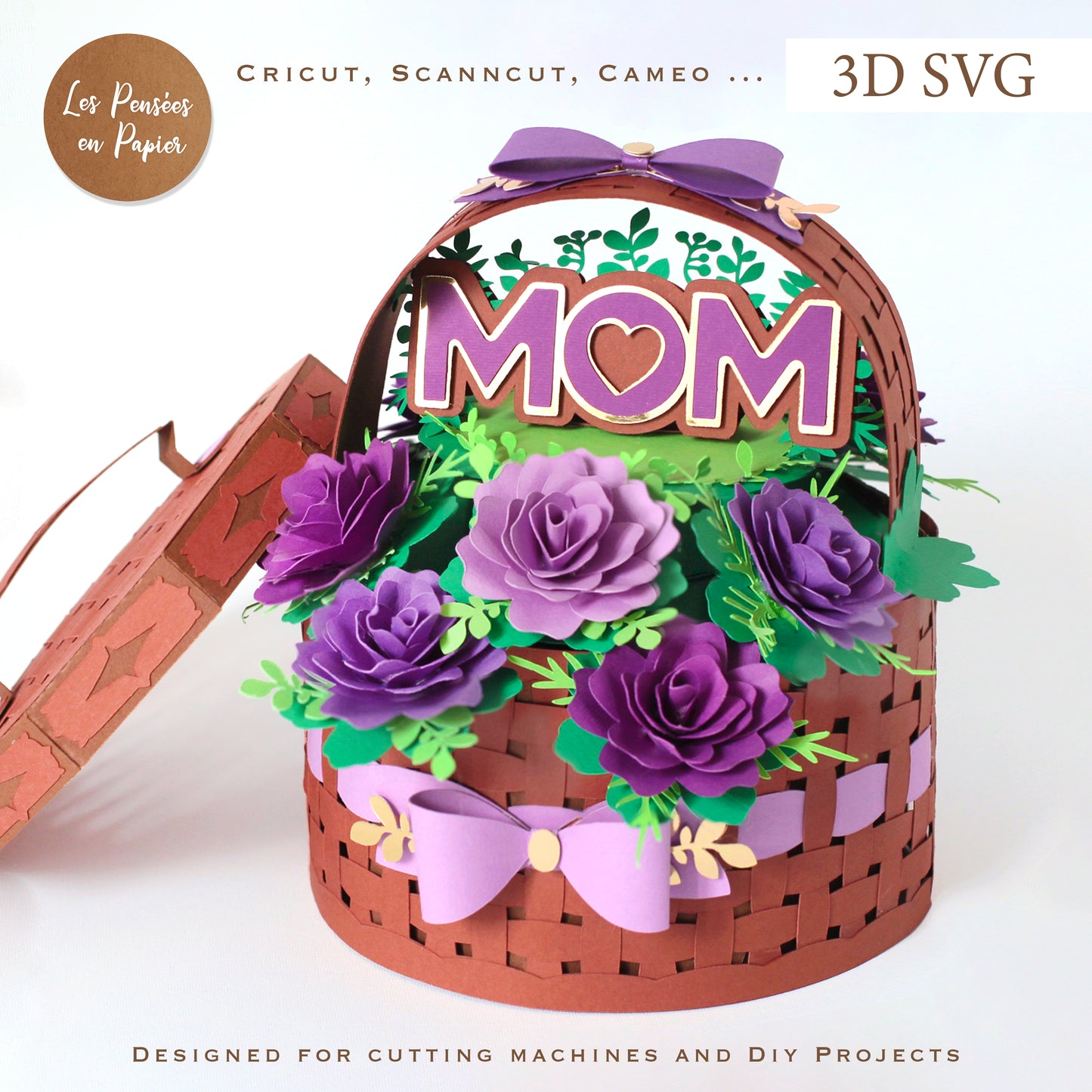 3D SVG Flower Basket | Mother's Day Cutting Machine Template for Cricut, ScanNCut & Silhouette