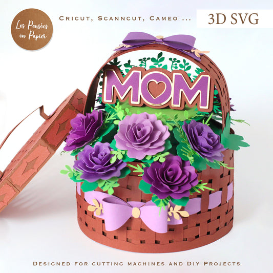3D SVG Flower Basket | Mother's Day Cutting Machine Template for Cricut, ScanNCut & Silhouette